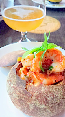 First National Taphouse Portland, Prawn Boule with Brunoise Vegetables, Prawns, Brandy Nosh in a Potato Roll with Wild Ride Brewing Whoopty Whoop Wheat beer