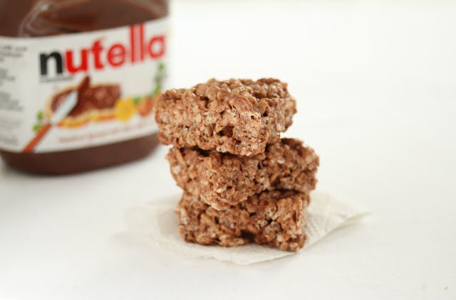 photo of a stack of three Nutella Rice Krispies Treats