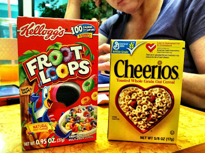 Frootloops cheerios box hotel table breakfast stock photo Frootloops cheerios box hotel table breakfast stock photo