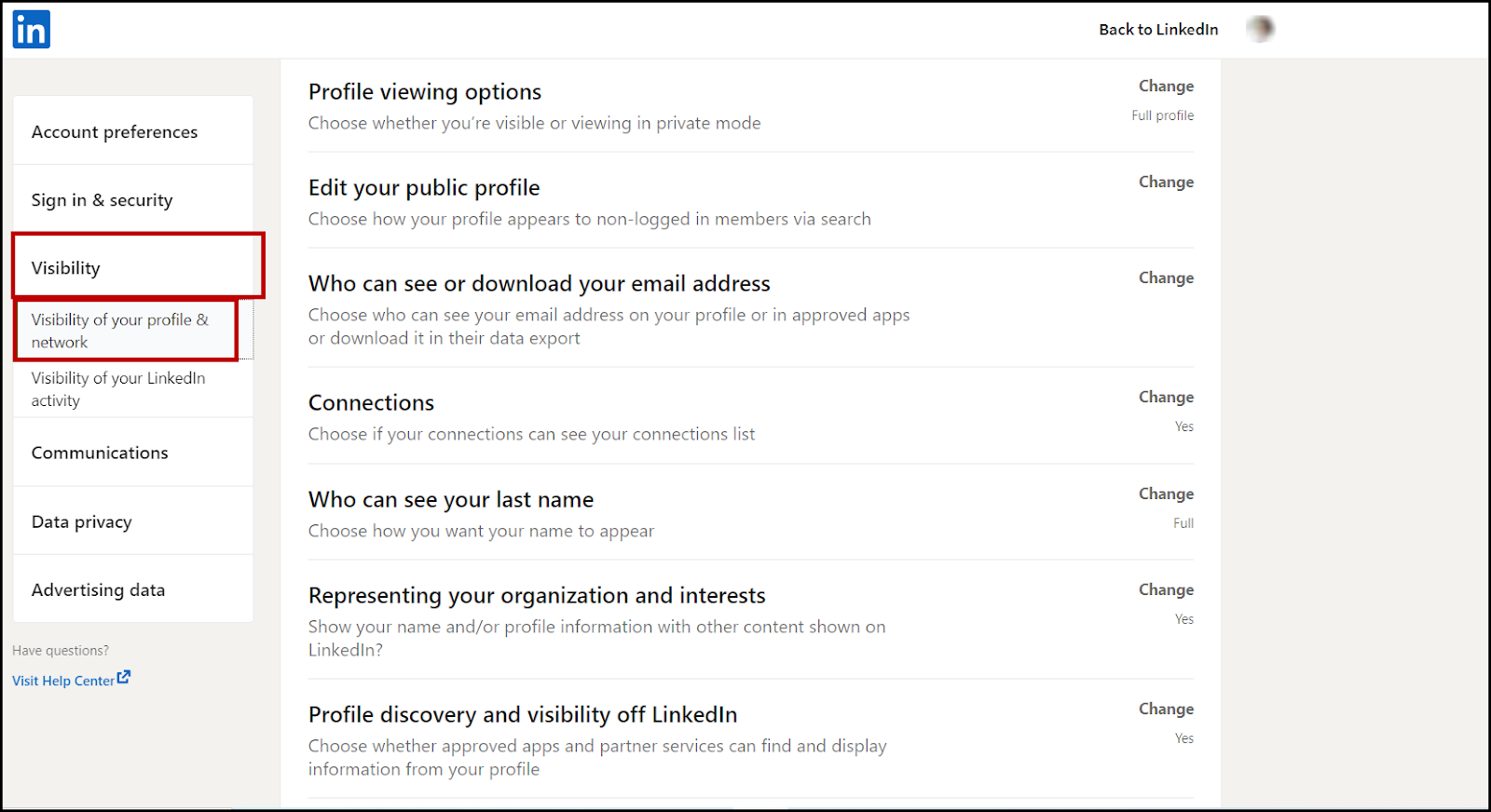 Visibility > Visibility of Your Profile & Network