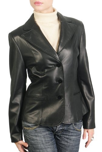 BGSD Women's Heritage Three-Button New Zealand Lambskin Leather Blazer - Black L