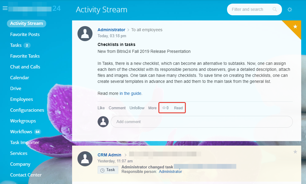 screenshot of the Read button in the Activity Stream