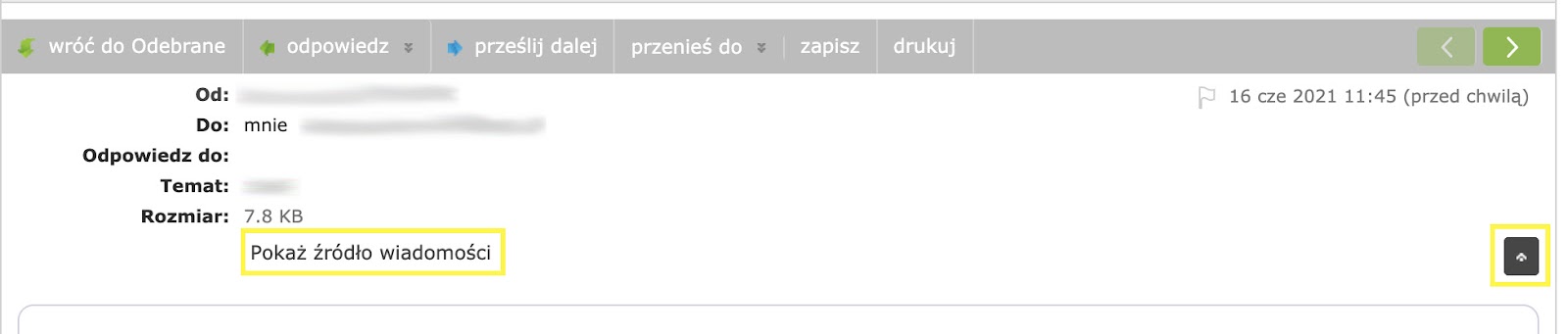 wiadomość mailowa na skrzynce mailowej Wirtualnej Polski, Pokaż źródło wiadomości