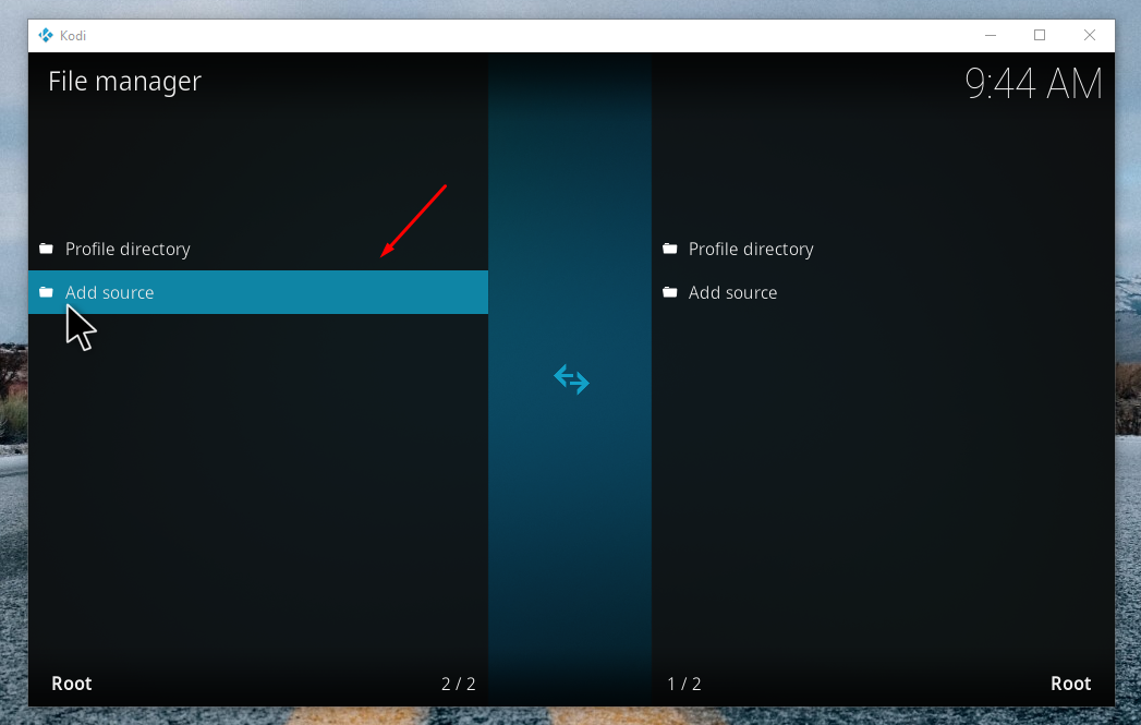Screenshot within Kodi's File manager highlighting Add source option