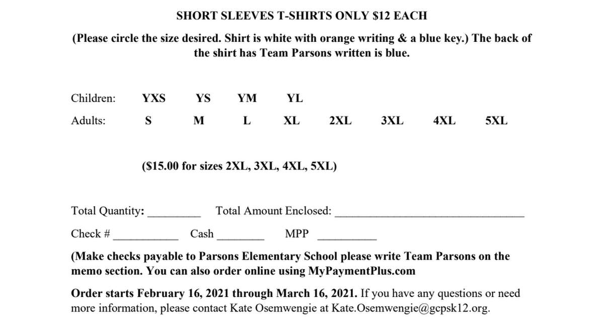 Order Form for Autism T-Shirt