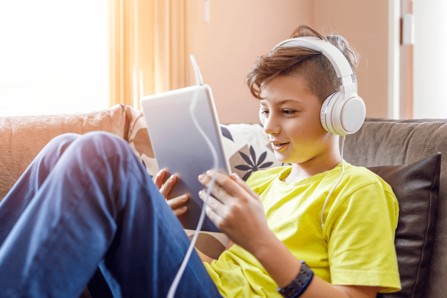 Young boy in a yellow shirt watching something on his tablet while wearing headphones