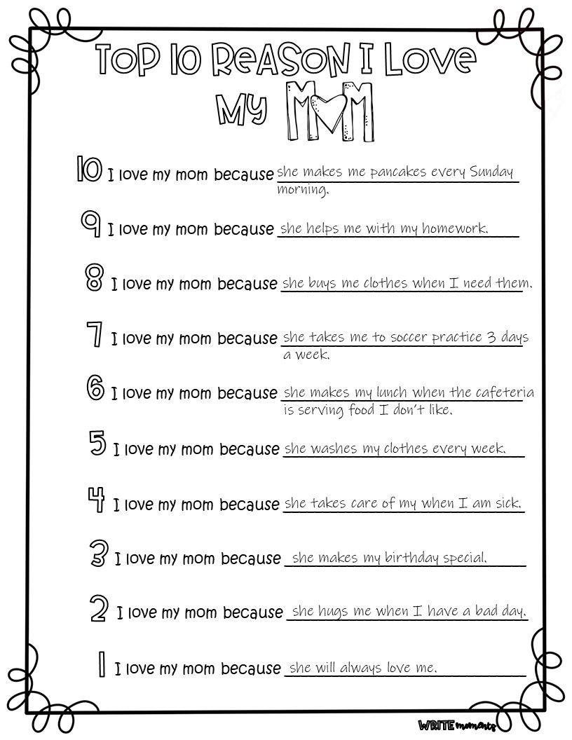 Mother's Day Activity Top 10 Reasons I Love My Mom