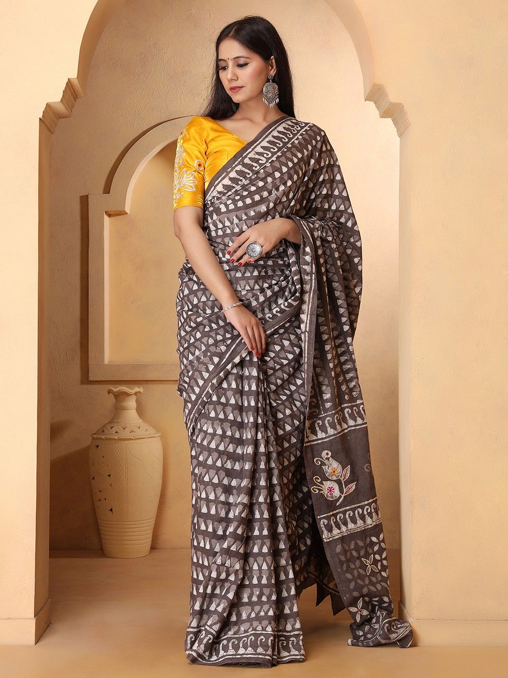 the loom-Brown Dabu Hand Block Printed Cotton Mul Saree