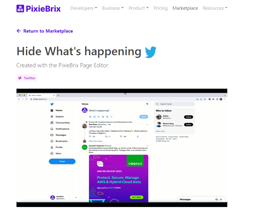 A screenshot of the marketplace listing for the "Hide What's Happening" Chrome extension for Twitter, built by PixieBrix.