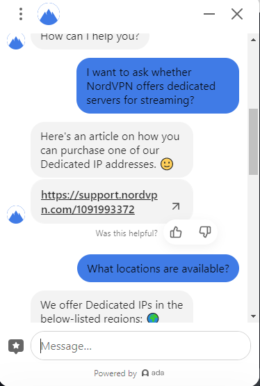 chat with customer support of NordVPN