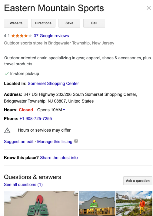 Local business snippets in Google SERP