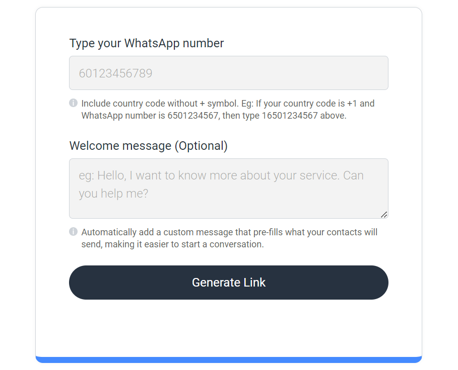 Bulk WhatsApp Sender | respond.io WhatsApp link generator form to generate a link