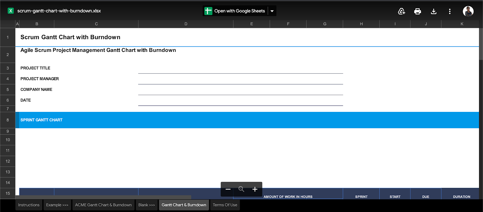 Gantt chart + burndown chart template