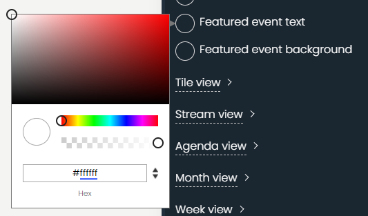 print screen of the design settings where you can click on the circle and change the color of a featured event
