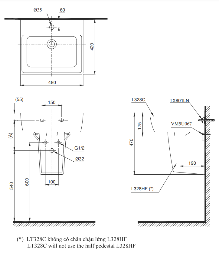 bản vẽ kĩ thuật của chậu rửa mặt toto lt328c#xw