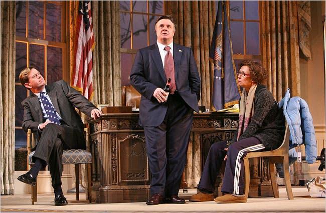 From left, Dylan Baker, Nathan Lane and Laurie Metcalf in "November."