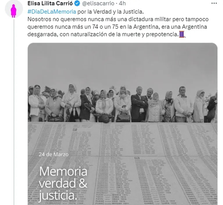 Tuit de Carrió por el Día de la Memoria, por la Verdad y la Justicia.  (Foto: @elisacarrio)
