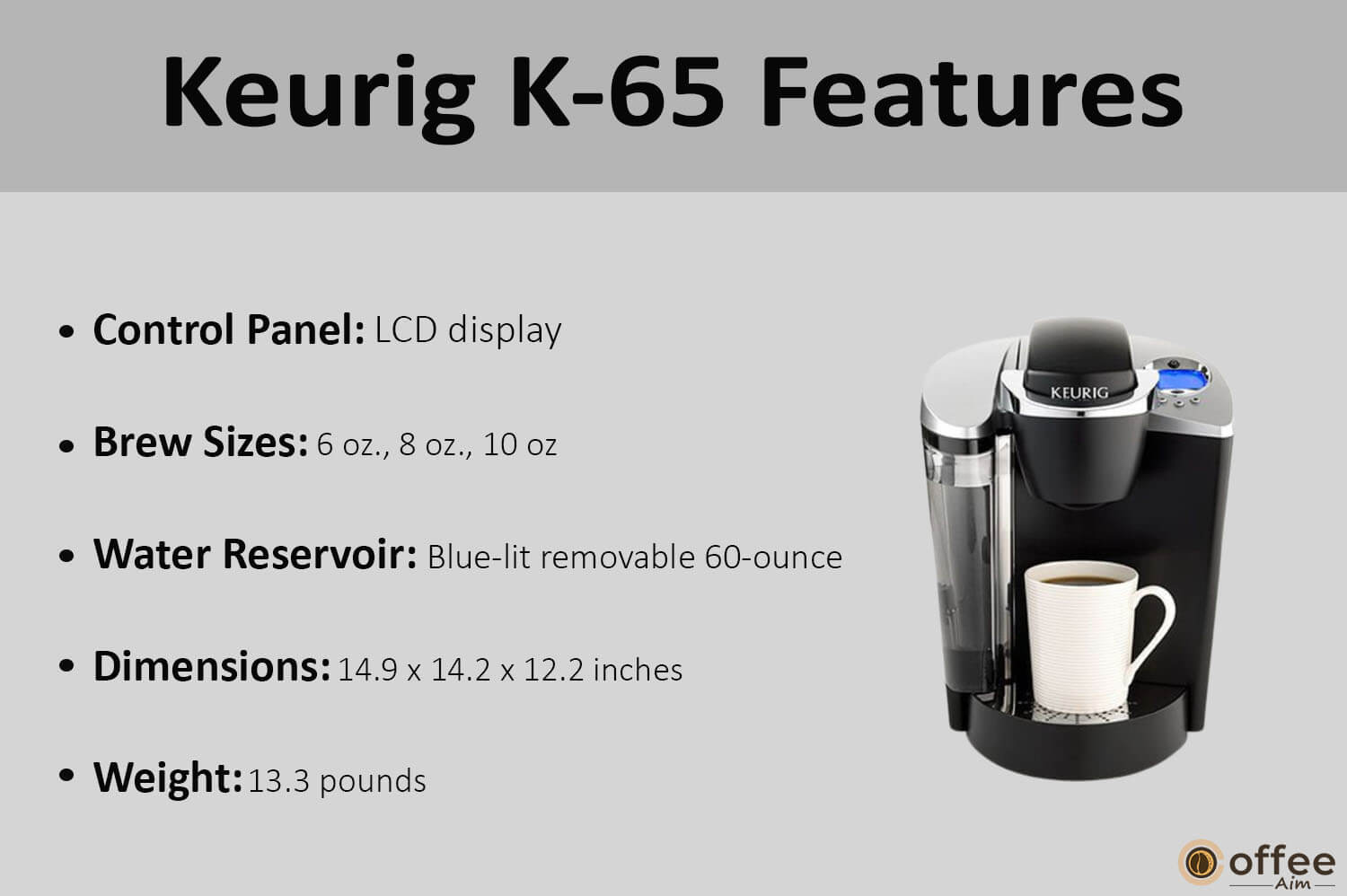 "The image provides a detailed overview of the features of the Keurig K-65 machine, complementing our comprehensive article on the Keurig K-65 review."
