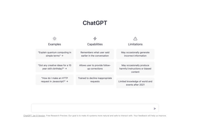 The ChatGPT AI chatbot home screen.