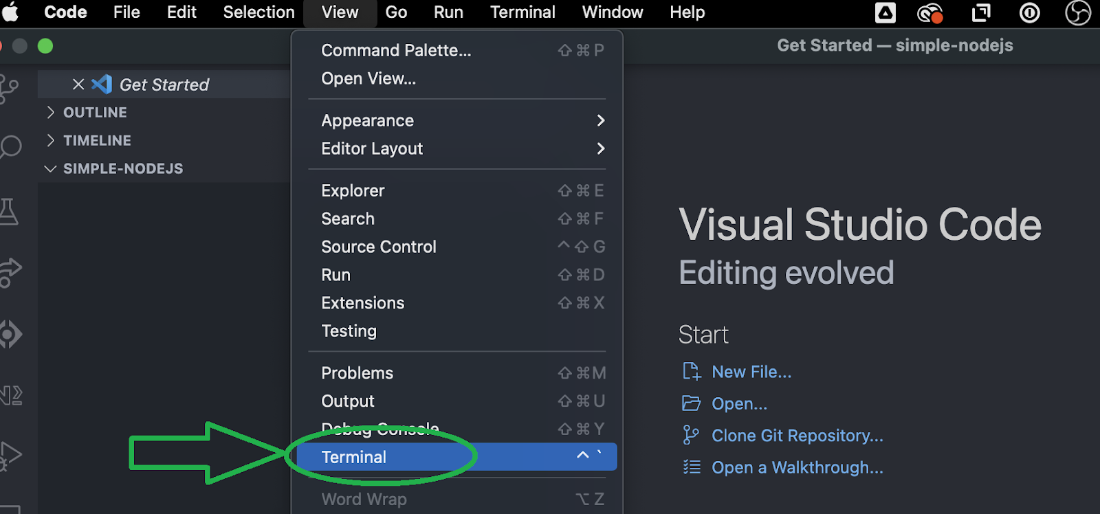 An arrow pointing to the "terminal button in VSC to a "NodeJS Web3 Tutorial" user. 