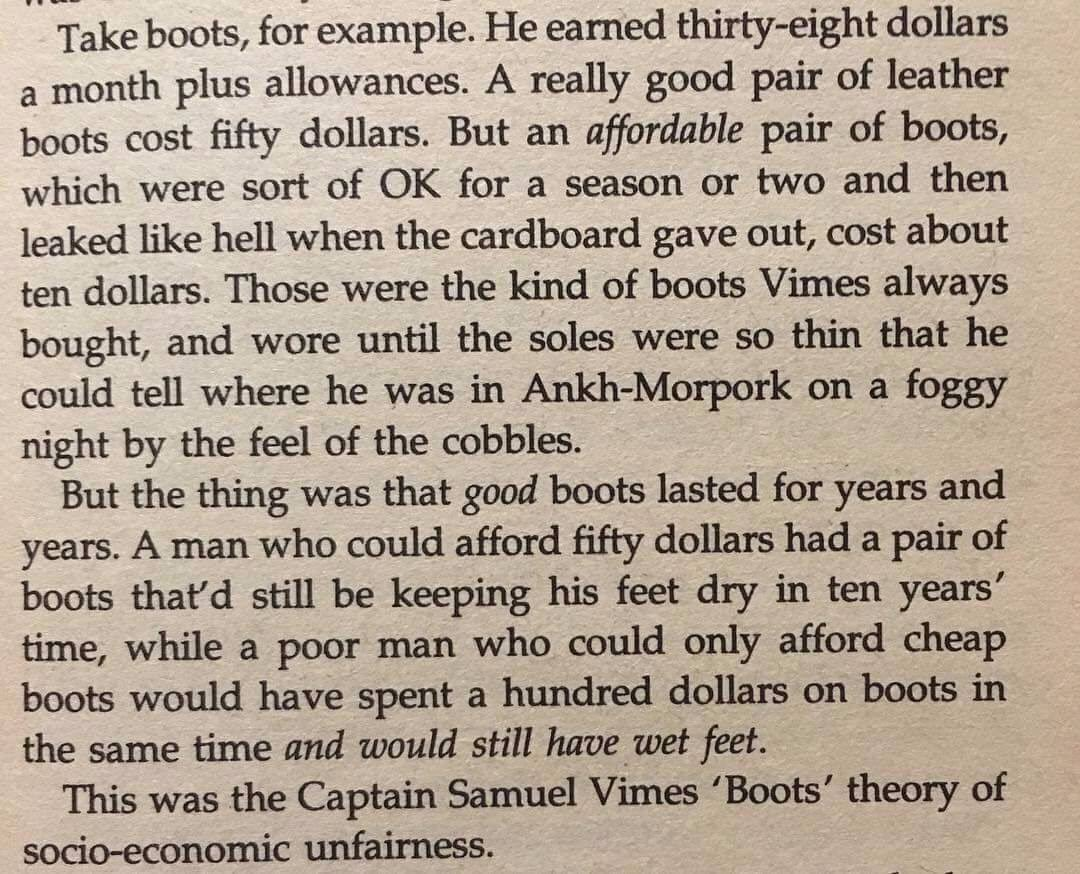 Terry Pratchett's explanation in 'Men at Arms' of socio-economic unfairness