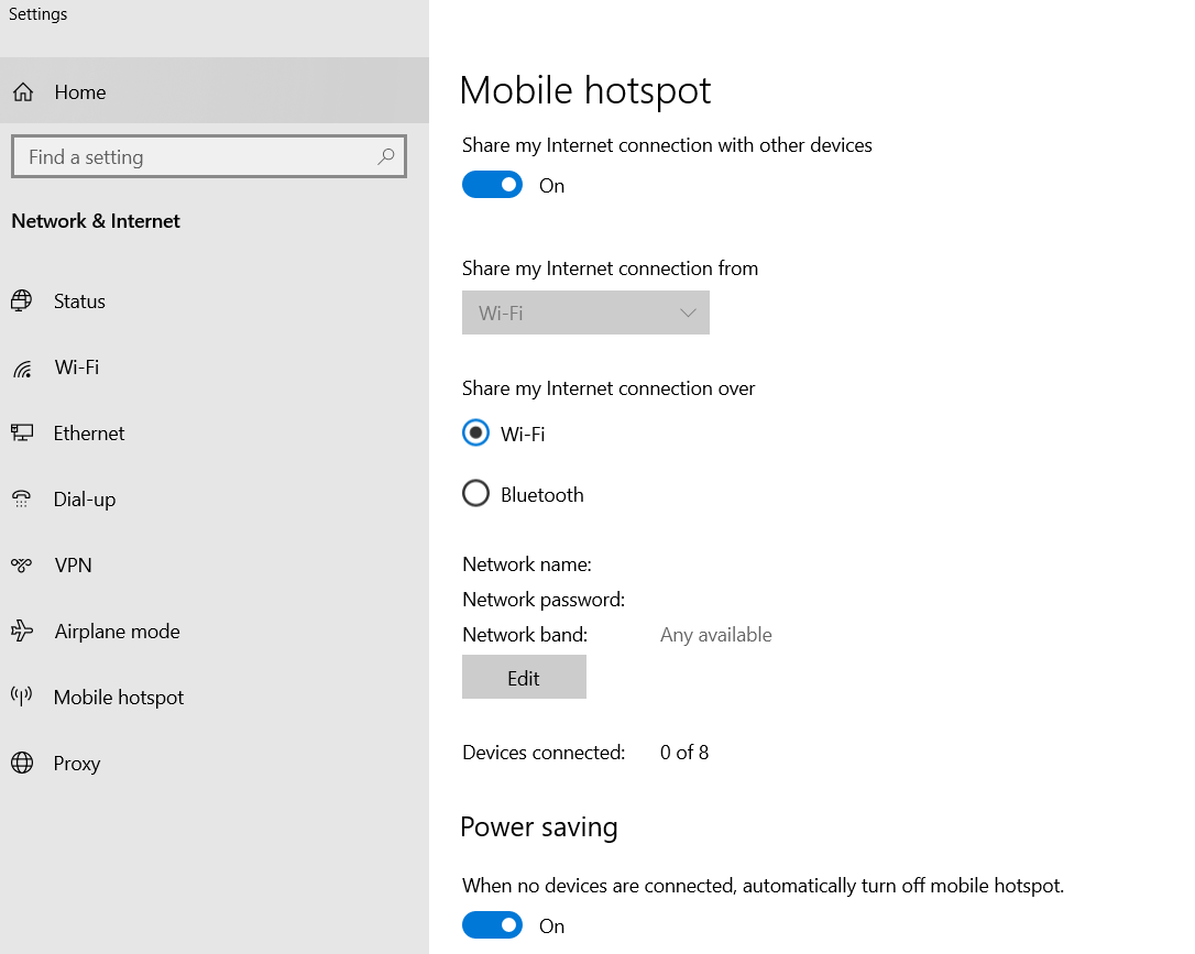 Windows Mobile Hotspot sharing settings screen