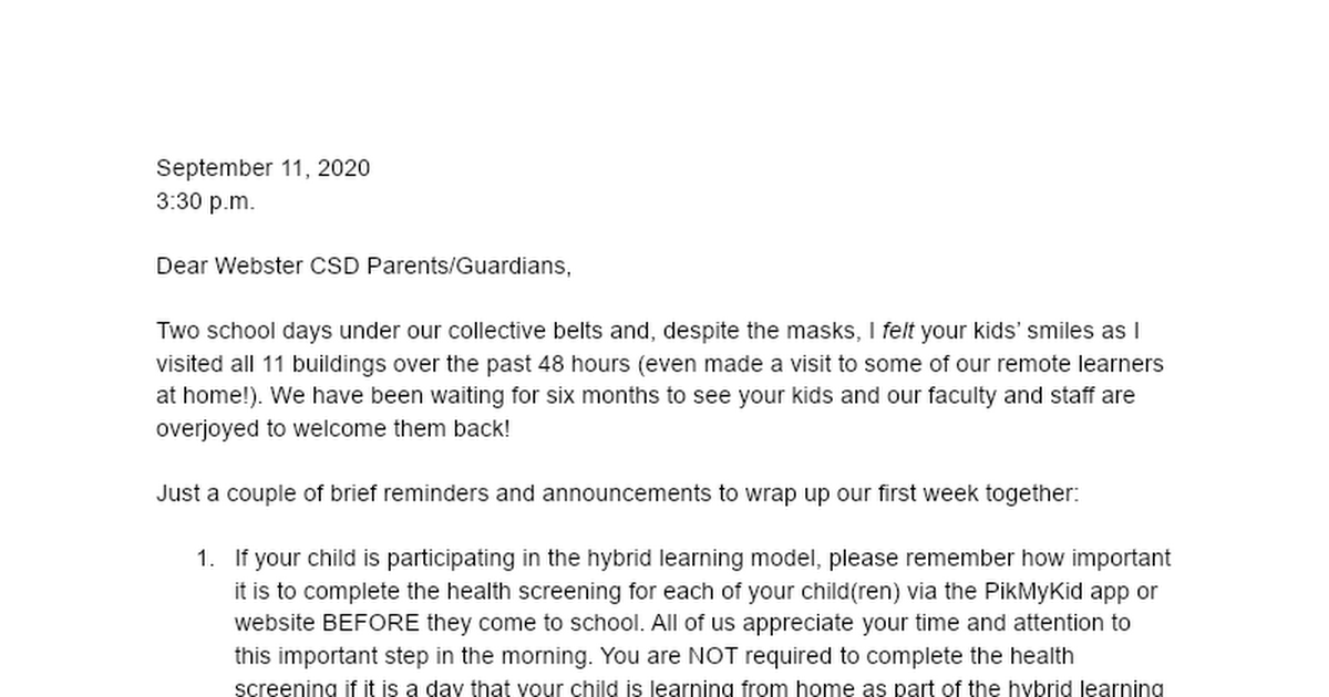 September 11, 2020 Letter to WCSD Parents/Guardians - FINAL