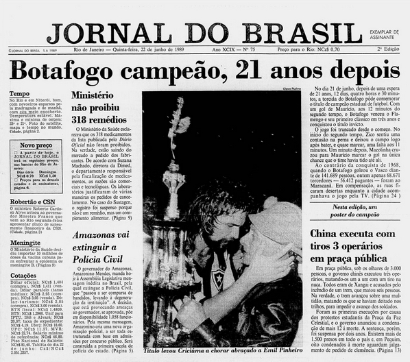 Capa do Jornal do Brasil do dia seguinte ao título do Botafogo de 1989