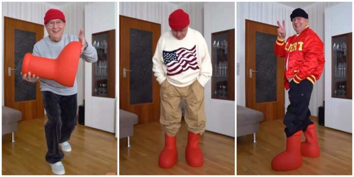Elderly influencer Gramps wearing MSCHF"s big red boots