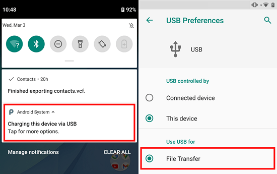 Change USB Preferences to ‘File Transfer’
