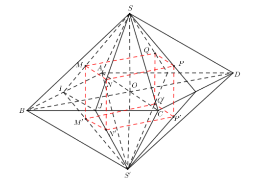 <p> (Chuyên Lam Sơn 2022) Cho khối bát diện đều có cạnh (a). Gọi (M,N,P,Q) lần lượt là trọng tâm của các tam giác (SAB,SBC,SCD,SDA;) gọi (Mprime ,Nprime ,Pprime ,Qprime ) lần lượt là trọng tâm của các tam giác (Sprime AB,Sprime BC,Sprime CD,Sprime DA) (như hình vẽ dưới).</p> <!-- wp:image -->
<figure class="wp-block-image"><img src="https://lh6.googleusercontent.com/EQyLxnKlfzrW114cg6VnXfZpqw28pCwxOBwrmhfZ6UB196rRdM-hP3BYMGX_uvEBsj3qNgRV8omks1q-4406p8WLCMzpHwyer1LNuFKV8dyKSxCApGZiCt8397m7KjRdai3CbNpyx8DRe3zKHQ" alt=""/></figure>
<!-- /wp:image --> <p>Thể tích của khối lăng trụ (MNPQ cdot Mprime Nprime Pprime Qprime ) là</p> 2