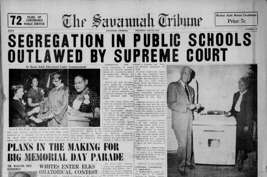 The May 20, 1954 front page of the Savannah Tribune which reported on the Brown v. Board of Education Supreme Court decision that ruled the segregation of public schools in the United States unconstitutional.