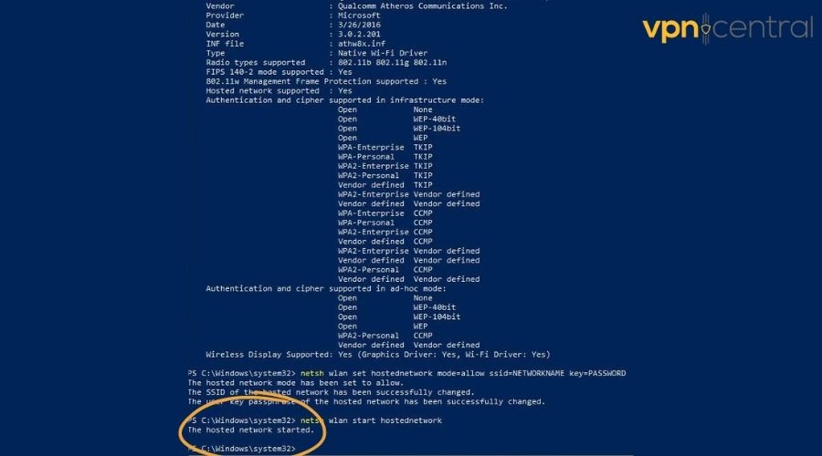 Start hosted network in Command prompt 