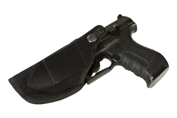 Black leather material holster on a white background