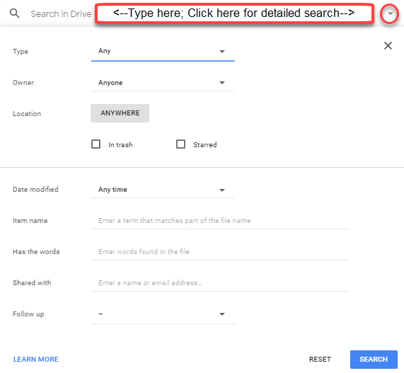 Google Drive - Search dropdown
