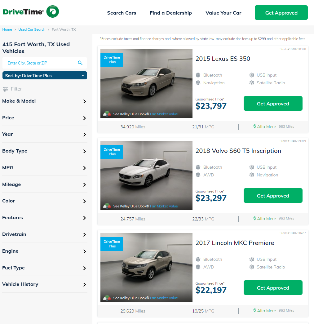 Screenshot of DriveTime Used Cars website