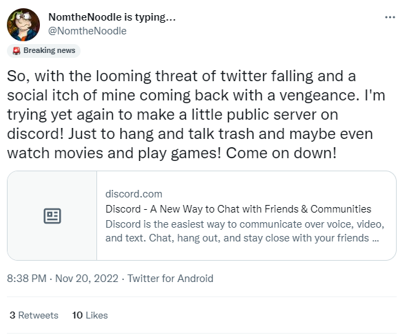 @NomtheNoodle promoting a public Discord server on Twitter
