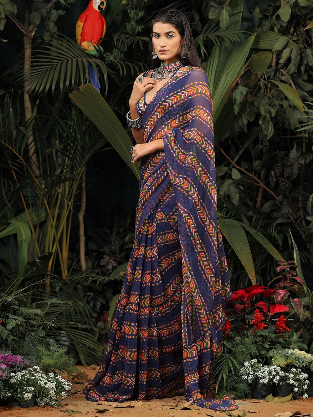 the loom-Blue Printed Chiffon Ruffled Saree