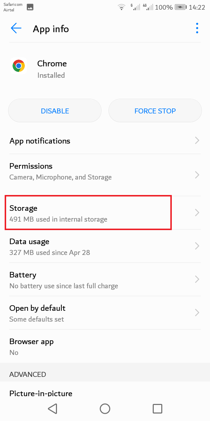 On the Apps' Info page, click on Storage 