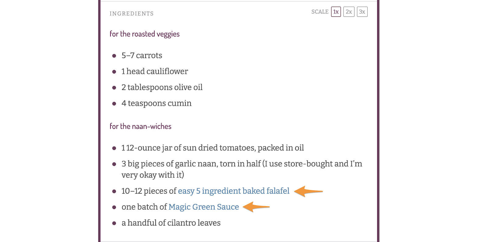 Screenshot of Pinch of Yum nann-wich recipe with arrows pointing to a few ingredients