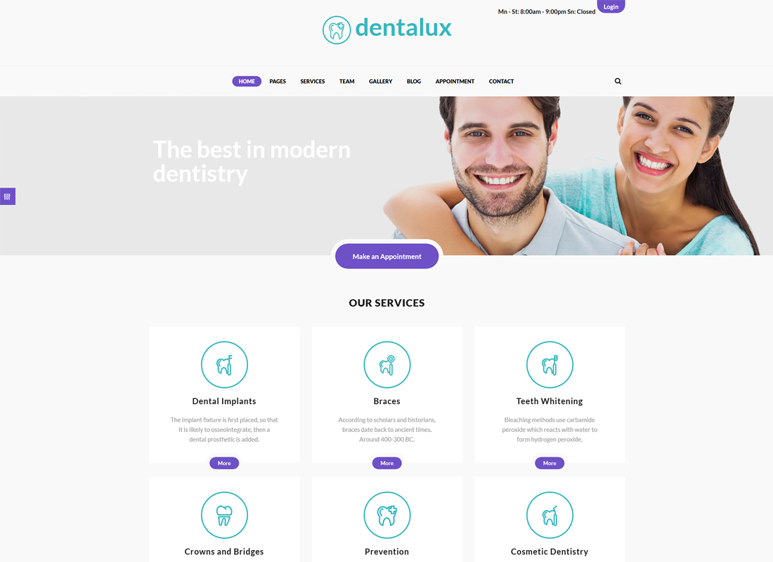 Dentalux |  Un tema de WordPress para dentistas médicos y sanitarios