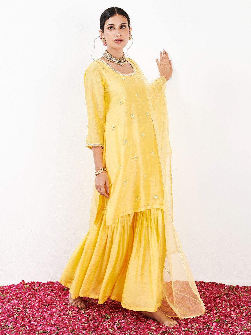the loom - Yellow Mirror Work Cotton Silk Sharara Suit