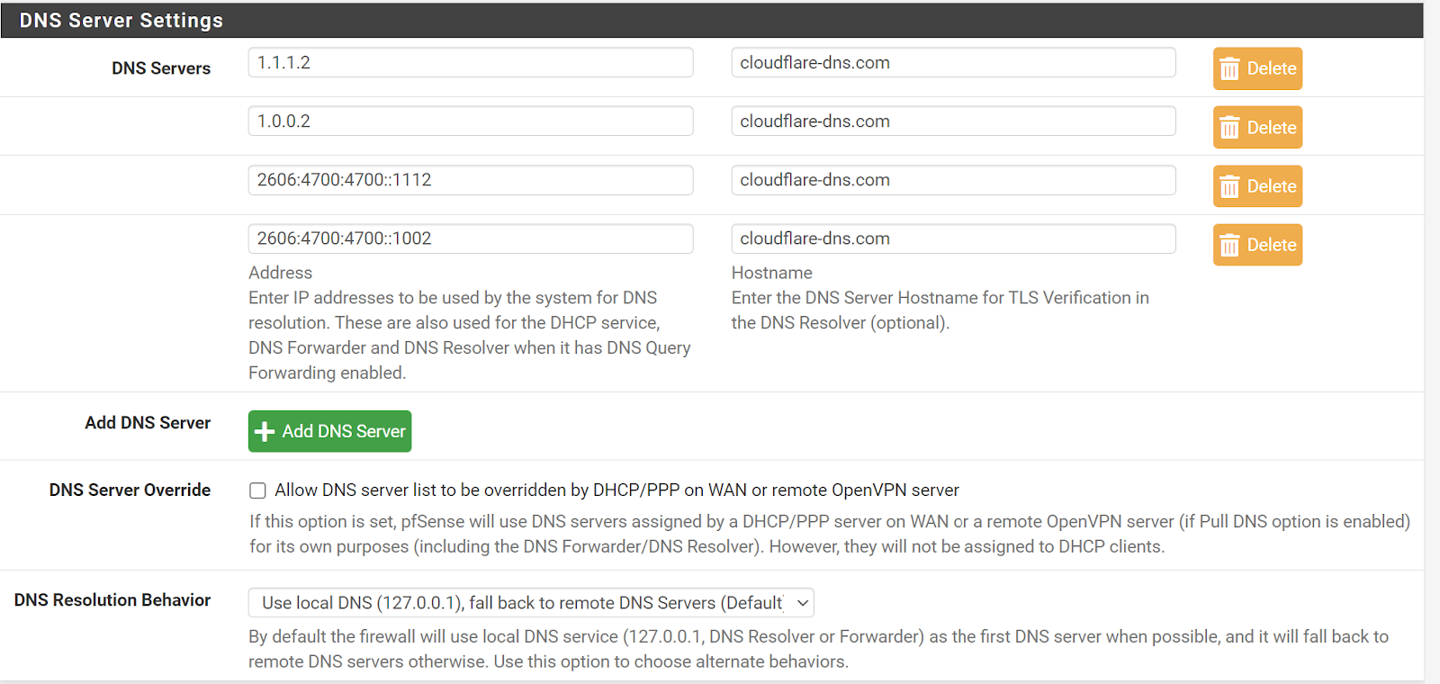 DNS Server settings
cloudflare-dns.com in hostname field 