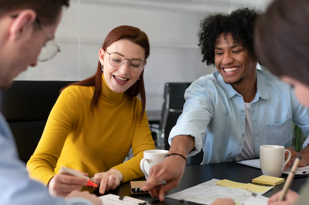 A group of colleagues collaborating on a project
