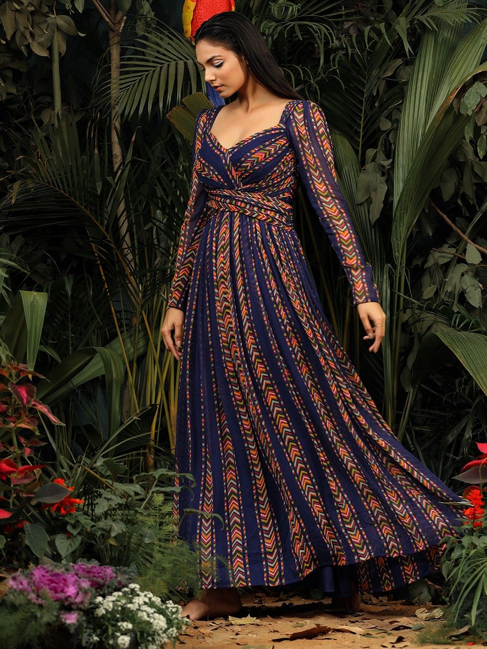 the loom - Blue Printed Chiffon Overlap Dress