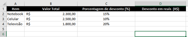 Método 1 calcular porcentagem no Excel