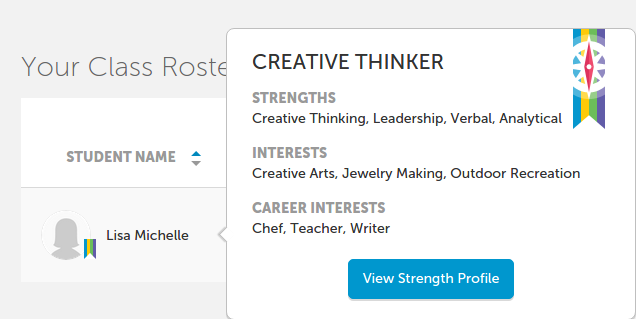 Teacher view showing students strengths, creative interests, and career interests