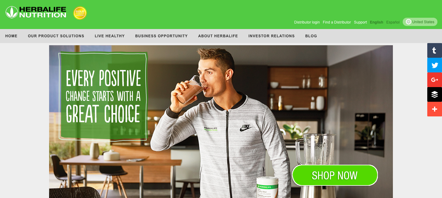 Referral vs. affiliate programs–a screenshot from Herbalife Nutiriotion’s homepage. There is an image of a man drinking a protein shake with text that says “Every positive change starts with a great choice.” 