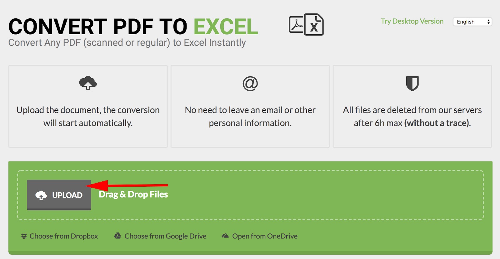 Homepage of PDFtoExcel.com with gray upload button