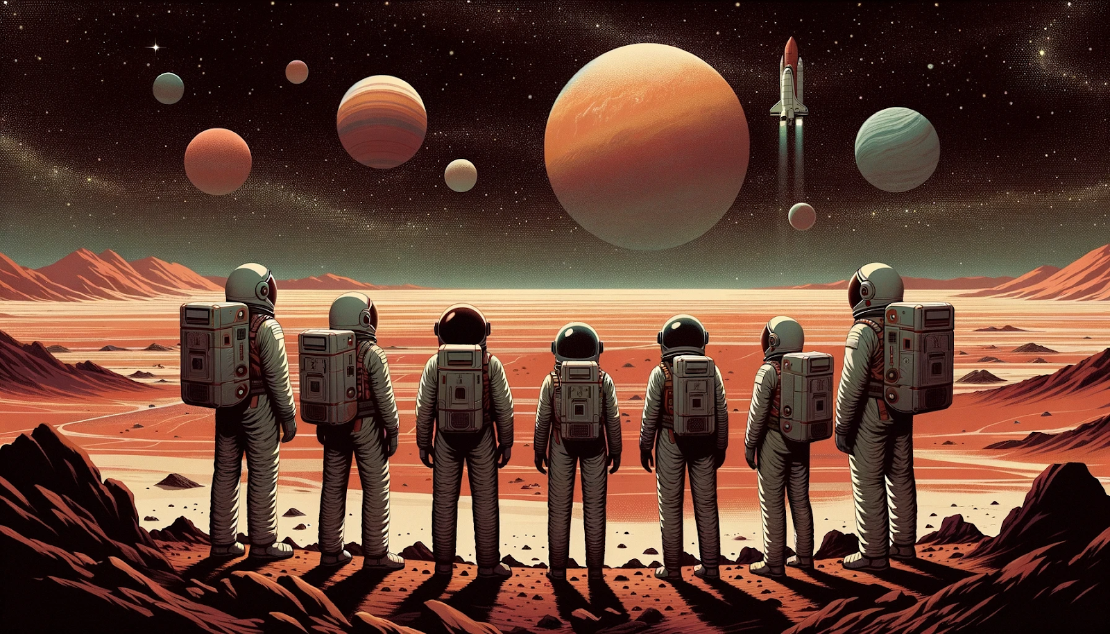 Prompt
Illustration of five astronauts, diverse in gender and descent, standing in awe as they witness the barren Martian expanse, helmets under their arms.